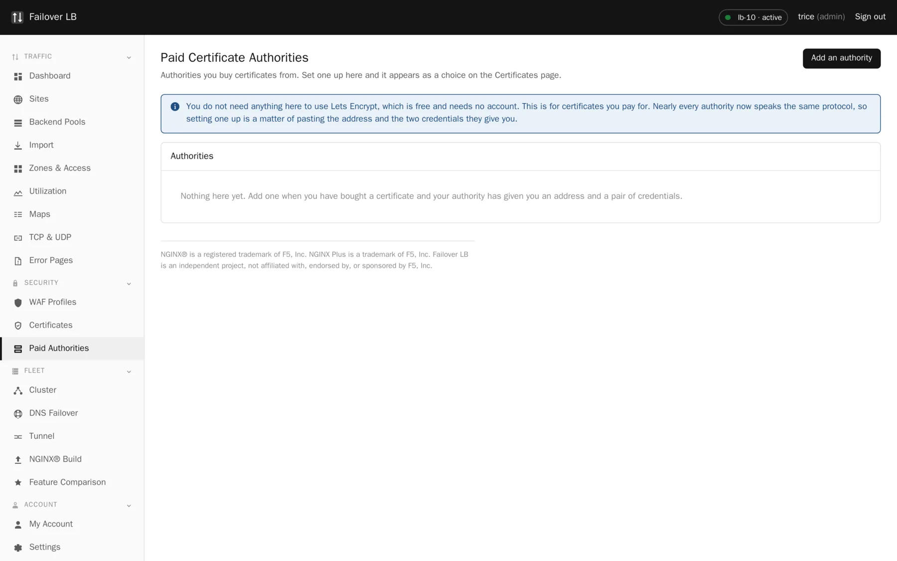 The Paid Authorities page. Each supplier is registered once and then behaves like any other certificate source.