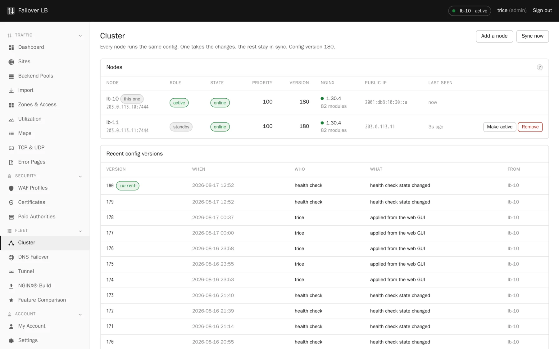 Cluster. Every node, its role, its state, its config version and its nginx build.