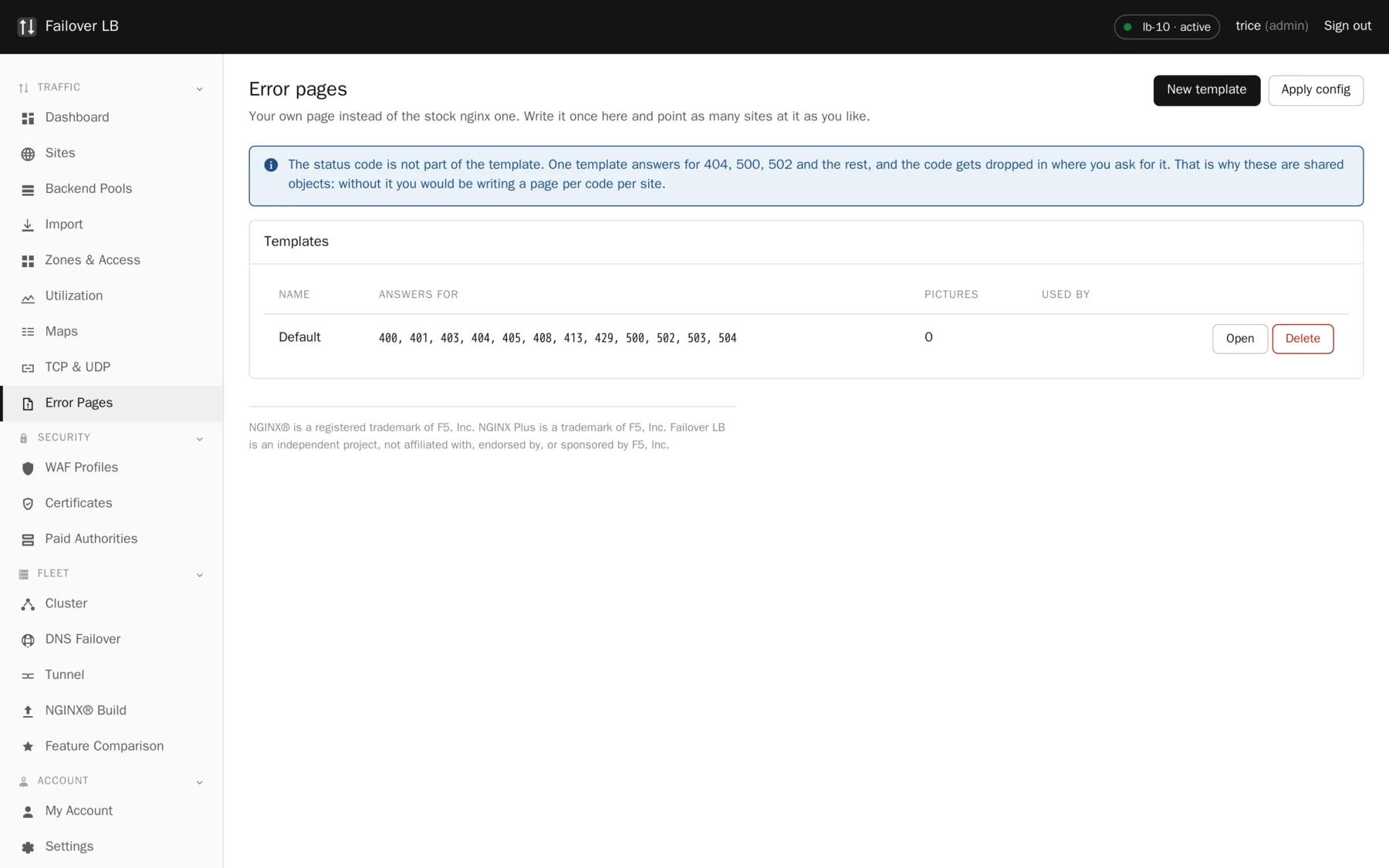 The Error Pages page. A template covers the status codes you tick.