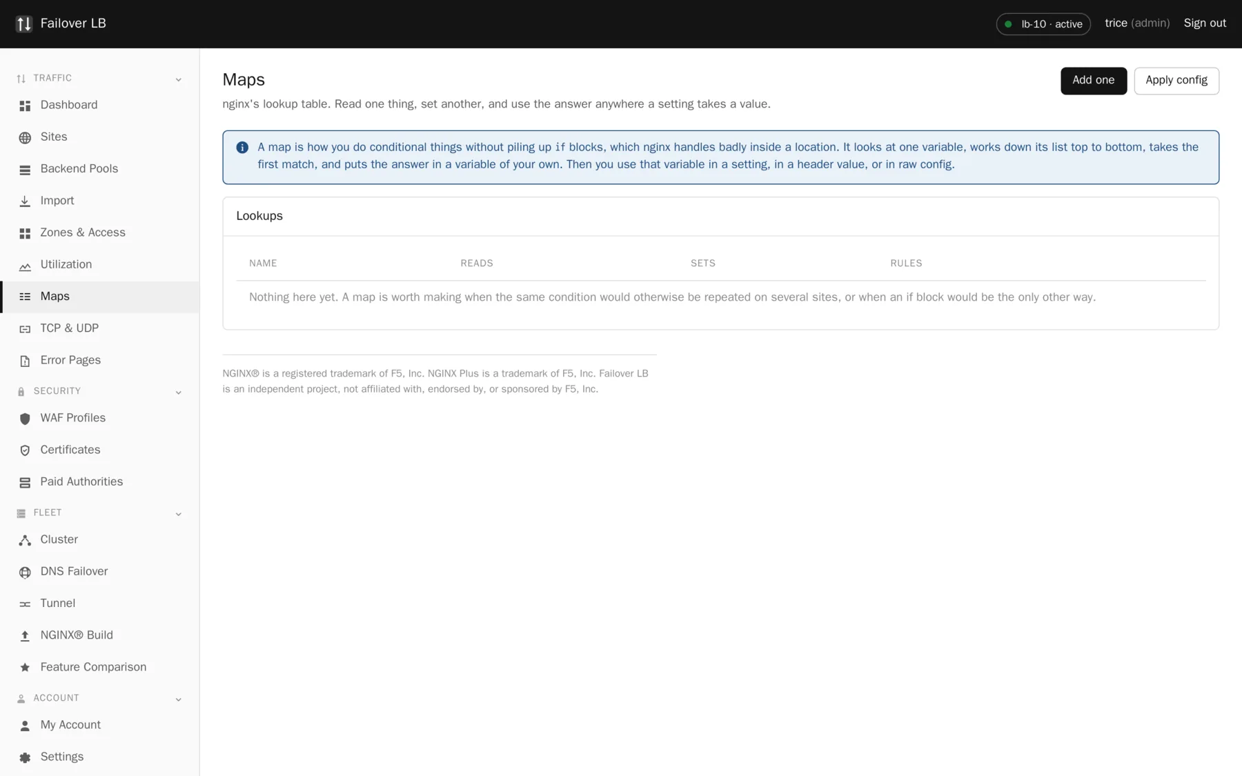 The Maps page. Each map is a named lookup any site can use.