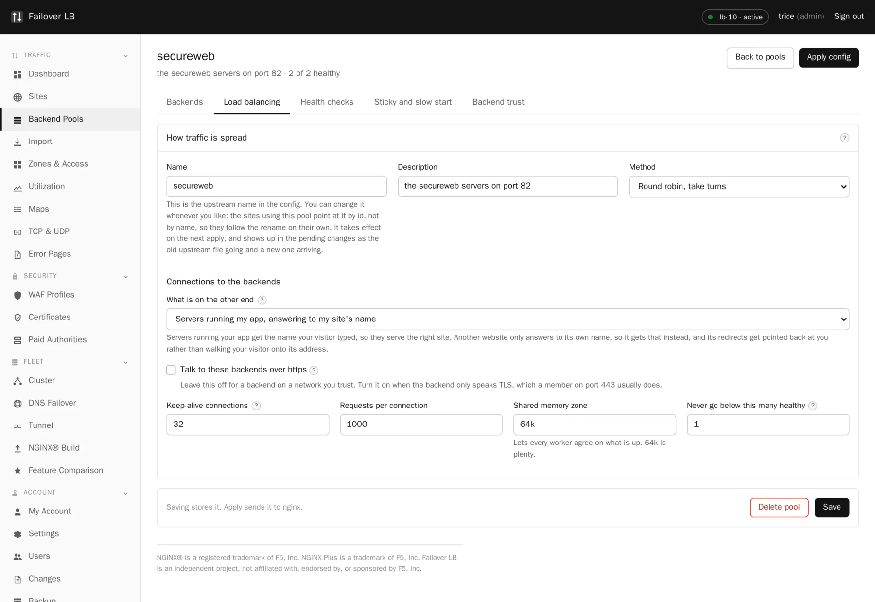 The load balancing tab. The method, plus the sticky session and hashing settings that go with it.