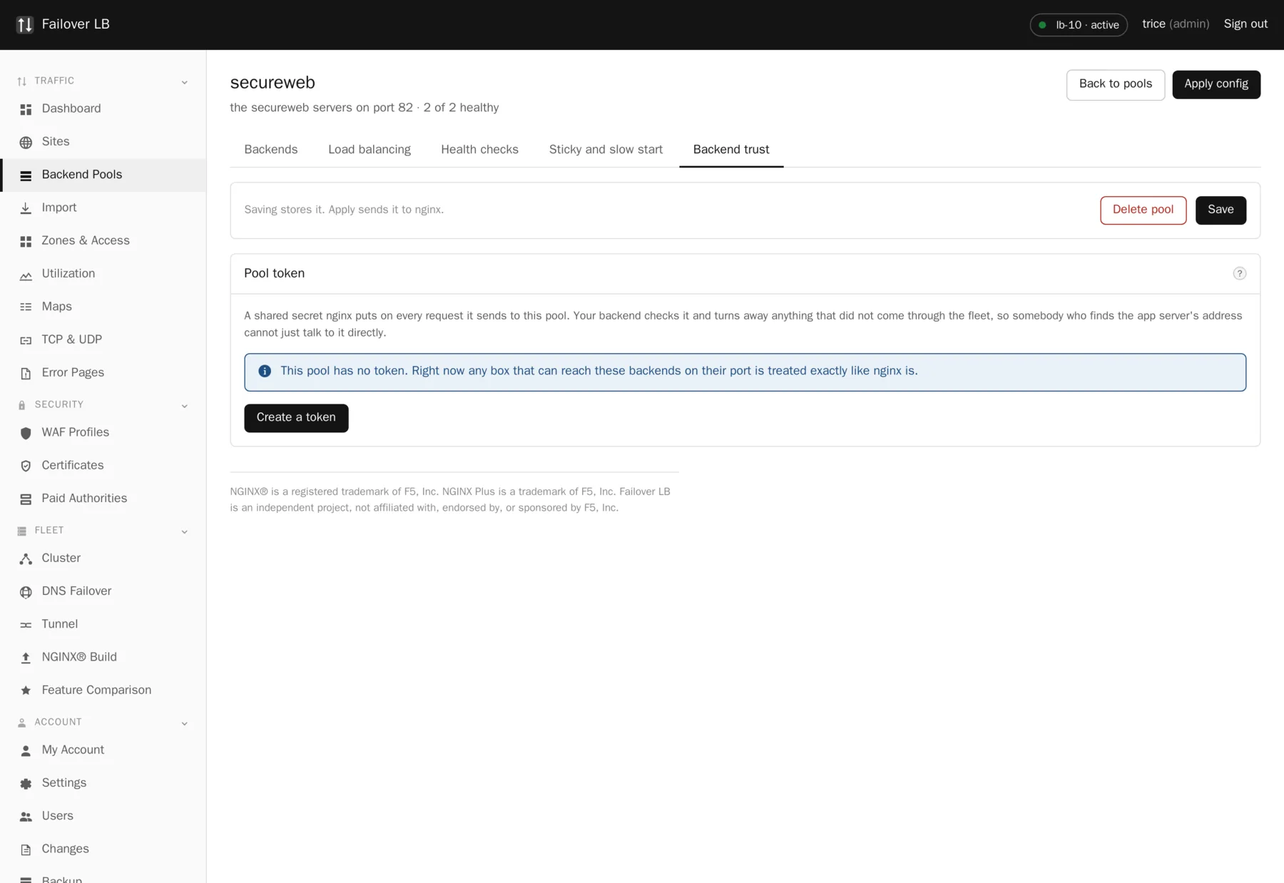 A pool, backend trust. A shared secret on every proxied request, with a paste ready snippet for five stacks.