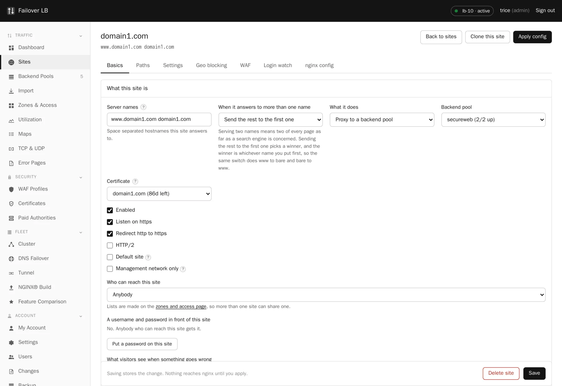 The basics tab of a site. Server names, the mode, the pool it points at, and the certificate.