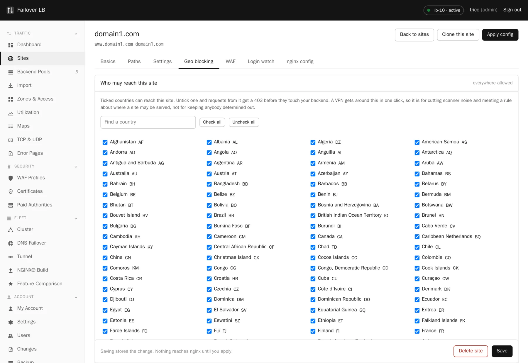 Geo blocking on a site. Every country, ticked or unticked.