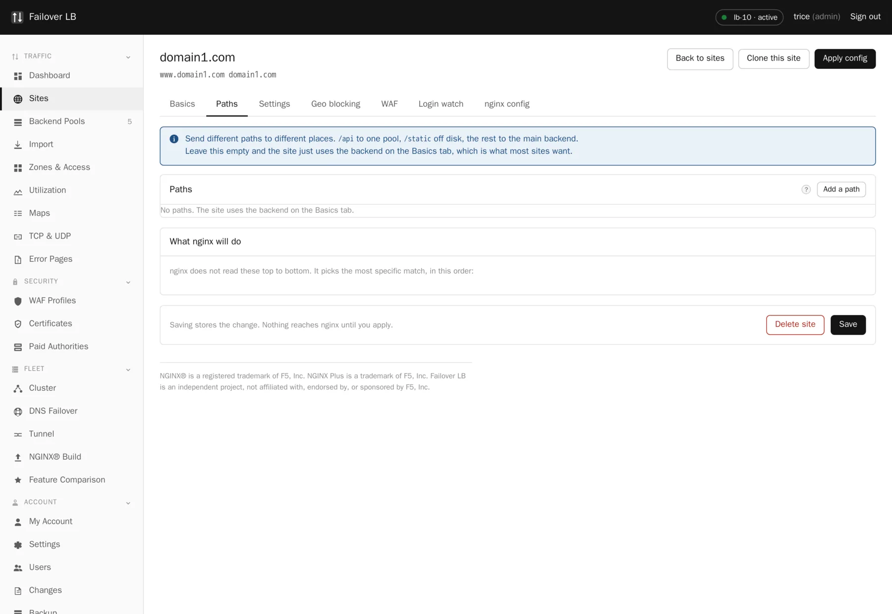 The paths tab of a site. Each path has its own mode, its own destination and its own overrides.
