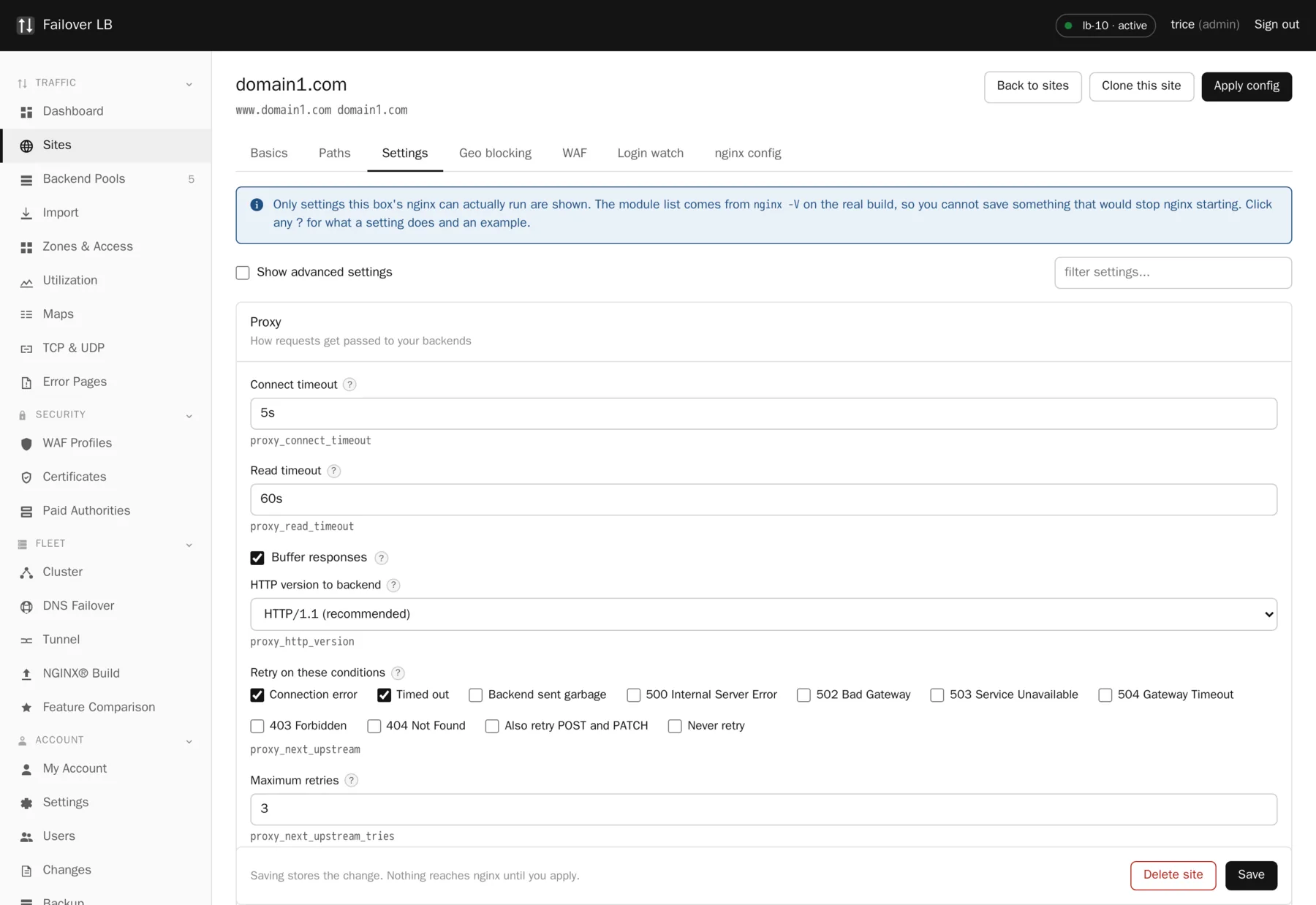 The settings tab of a site. Only options this build of nginx can run are shown at all.