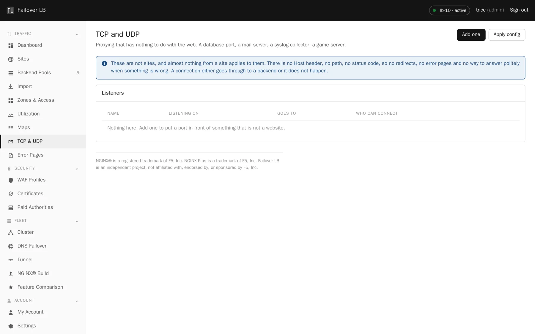 The TCP and UDP page. One row per service.