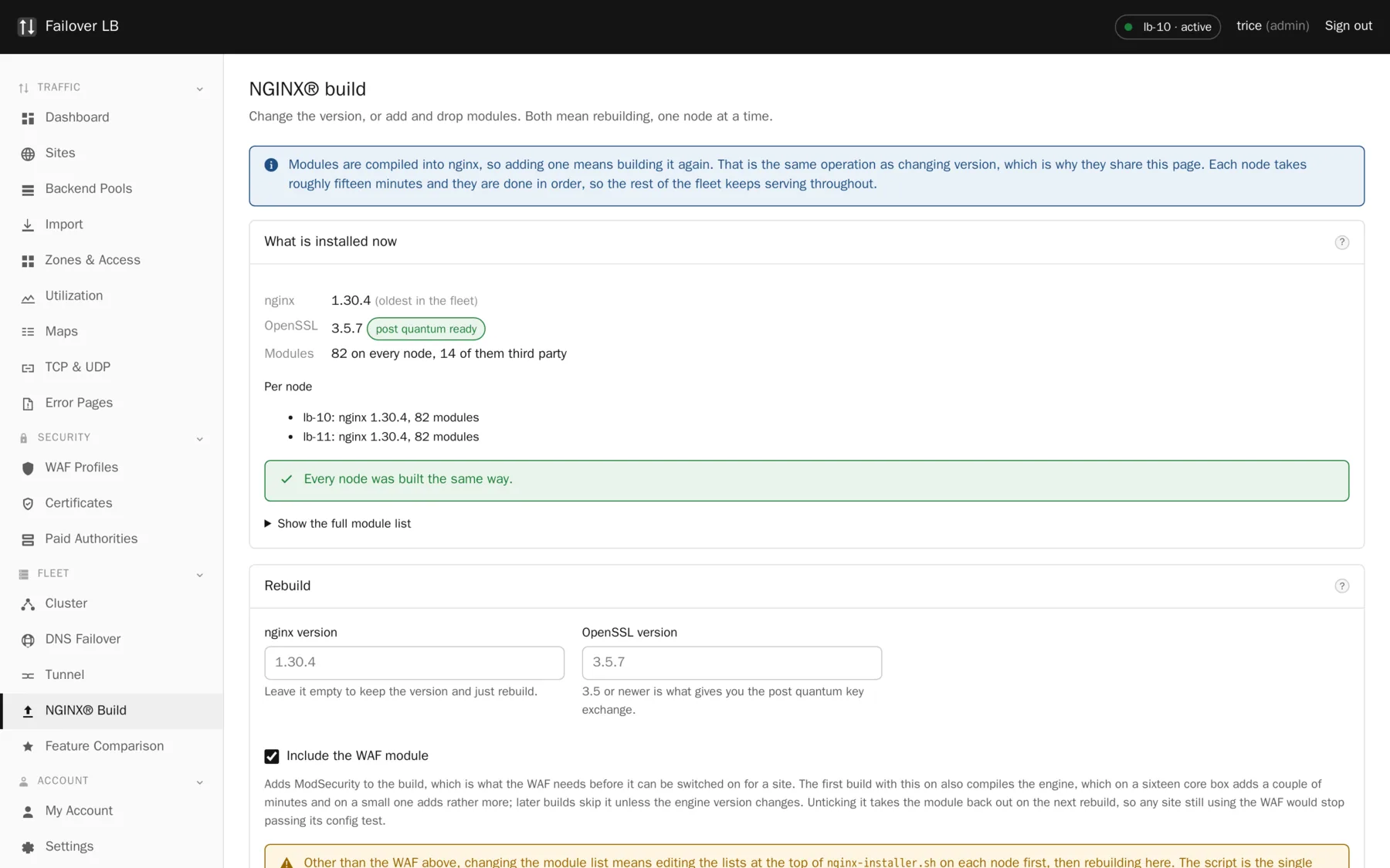 The nginx build page. What each node is running, and a rebuild that tests before it replaces.