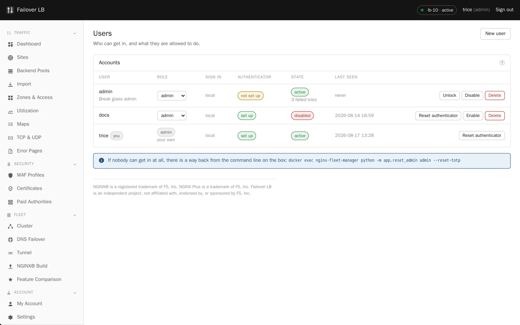 The Users page. Accounts are shared across every node in the fleet.