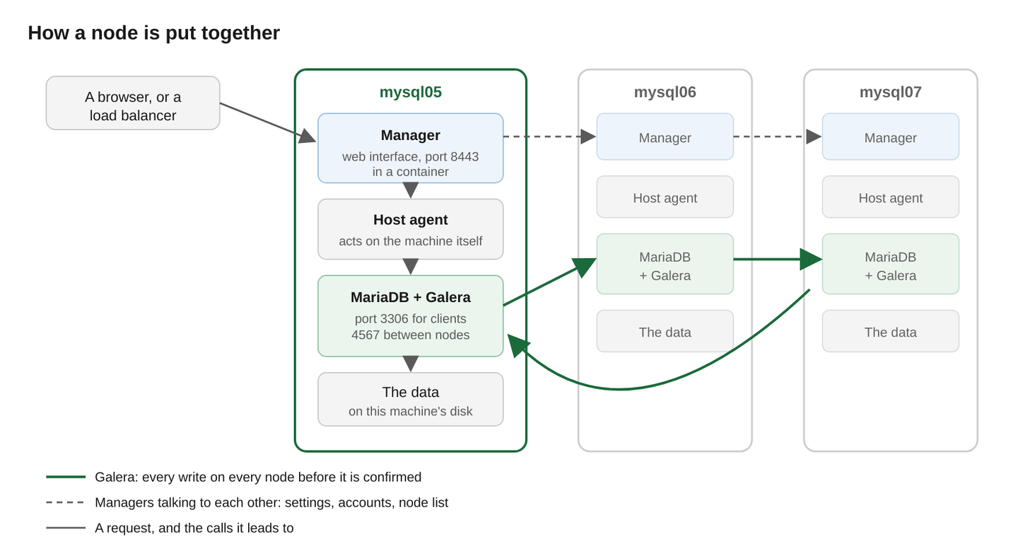 Diagram of the manager, the host agent and the database on each node