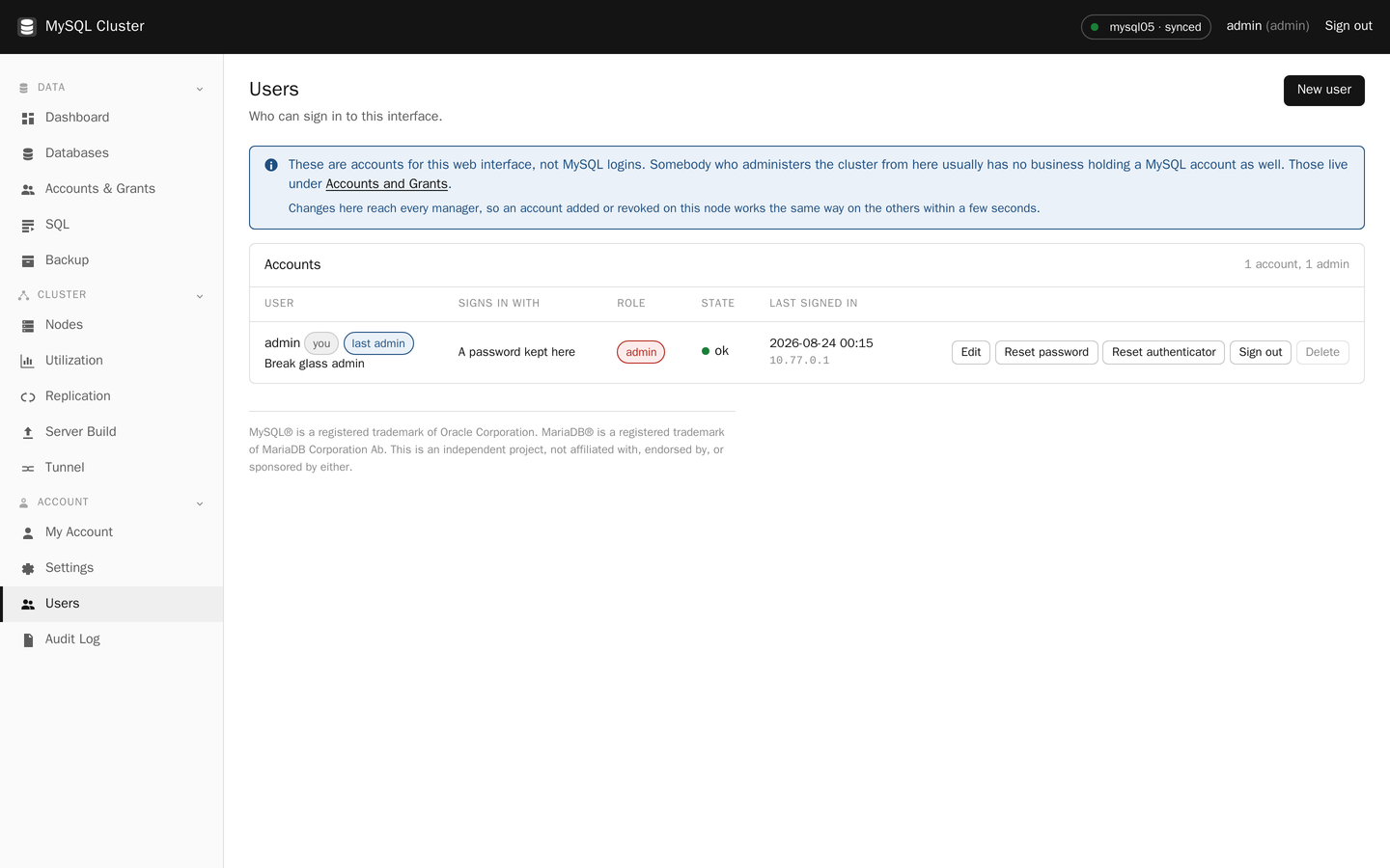 Users in MySQL Cluster